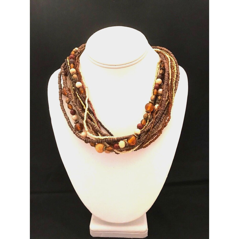 New Beaded Multi Strand Necklace Wood Seed Beads Art Glass Boho - 10J